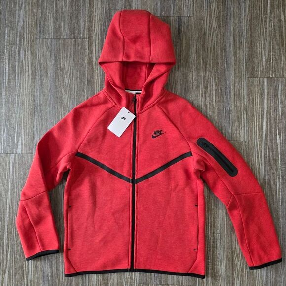 Nike Tech Fleece Full Zip Hoodie Jacket Kids XL Red Black Windrunner Pockets New - Picture 1 of 15